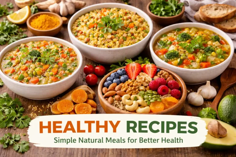 Healthy recipes collage featuring oats porridge, vegetable khichdi, vegetable soup, and a mixed nuts bowl with fresh ingredients