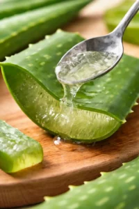 Fresh aloe vera gel being extracted from a cut aloe leaf using a spoon for natural skincare and home remedies