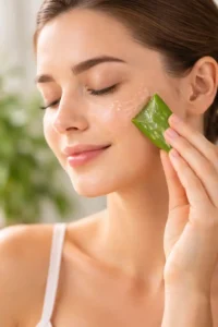 Person applying fresh aloe vera gel on face for natural skincare and skin hydration
