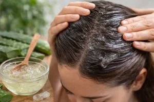 Applying aloe vera gel hair mask on scalp for natural hair care and scalp hydration