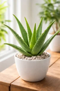 Healthy aloe vera plant growing in a pot used for natural skin care and herbal remedies