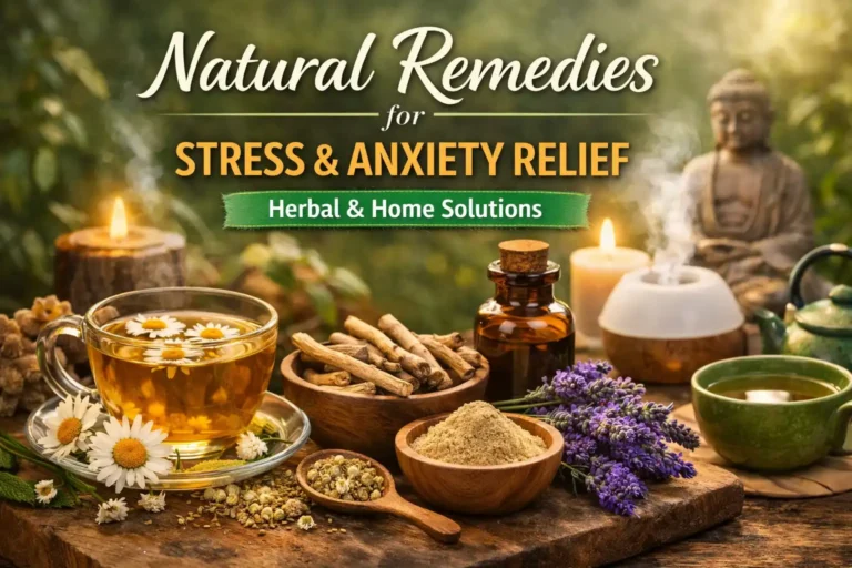 Natural remedies for stress and anxiety relief including chamomile tea, ashwagandha, lavender oil, and calming herbal drinks