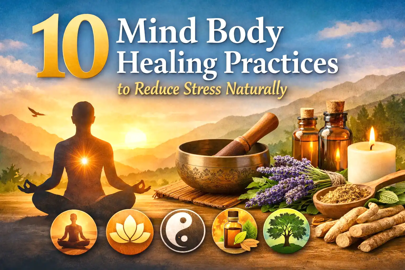 Mind body healing practices for natural stress relief including meditation, yoga, aromatherapy, and herbal wellness