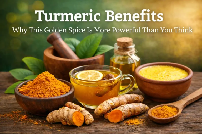 Turmeric benefits illustration showing turmeric powder, fresh turmeric root, turmeric tea, and golden milk used for natural health remedies
