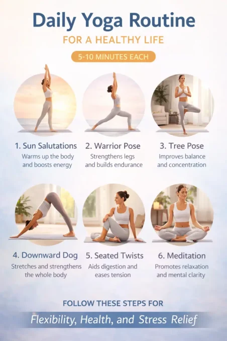 Step by step yoga routine infographic showing beginner poses for flexibility stress relief and overall health