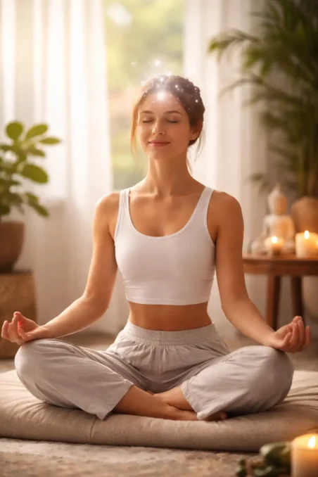 Woman meditating peacefully indoors showing calm mind and stress relief benefits of yoga and mindfulness