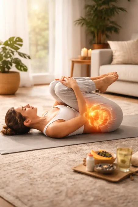 Yoga pose for digestion showing abdominal compression to support gut health and relieve bloating naturally