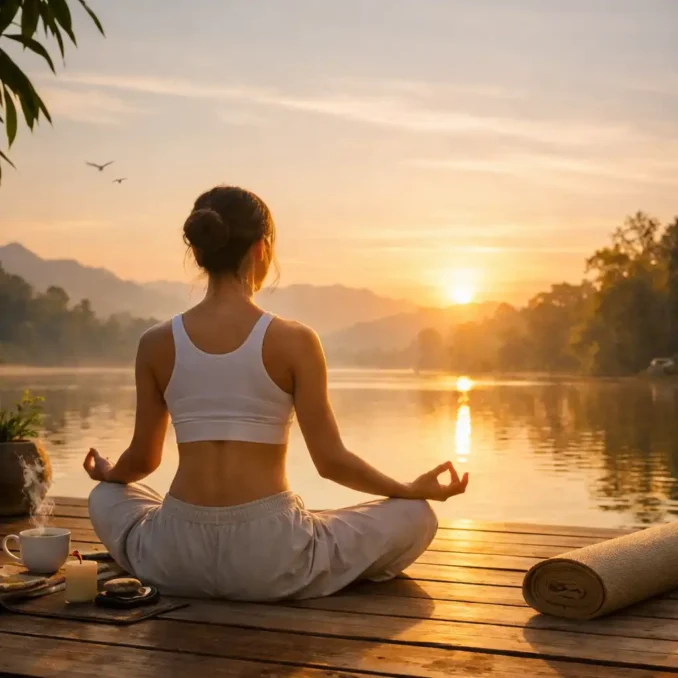 Woman practicing yoga at sunrise in a calm natural setting for mental peace and healthy lifestyle