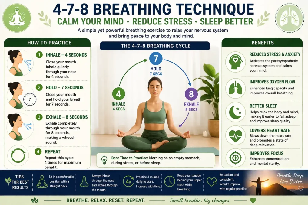 4-7-8 breathing technique steps inhale hold exhale cycle for mental calm stress relief and better sleep infographic