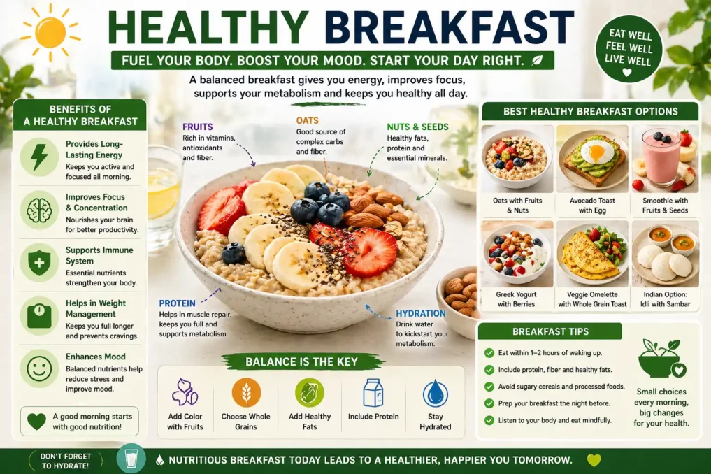 healthy breakfast foods for morning routine including oats fruits nuts eggs smoothies and balanced nutrition for energy and mental focus