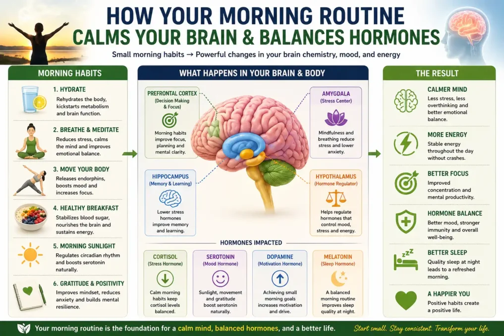 morning routine impact on brain and hormones including cortisol serotonin dopamine melatonin and mental calm infographic