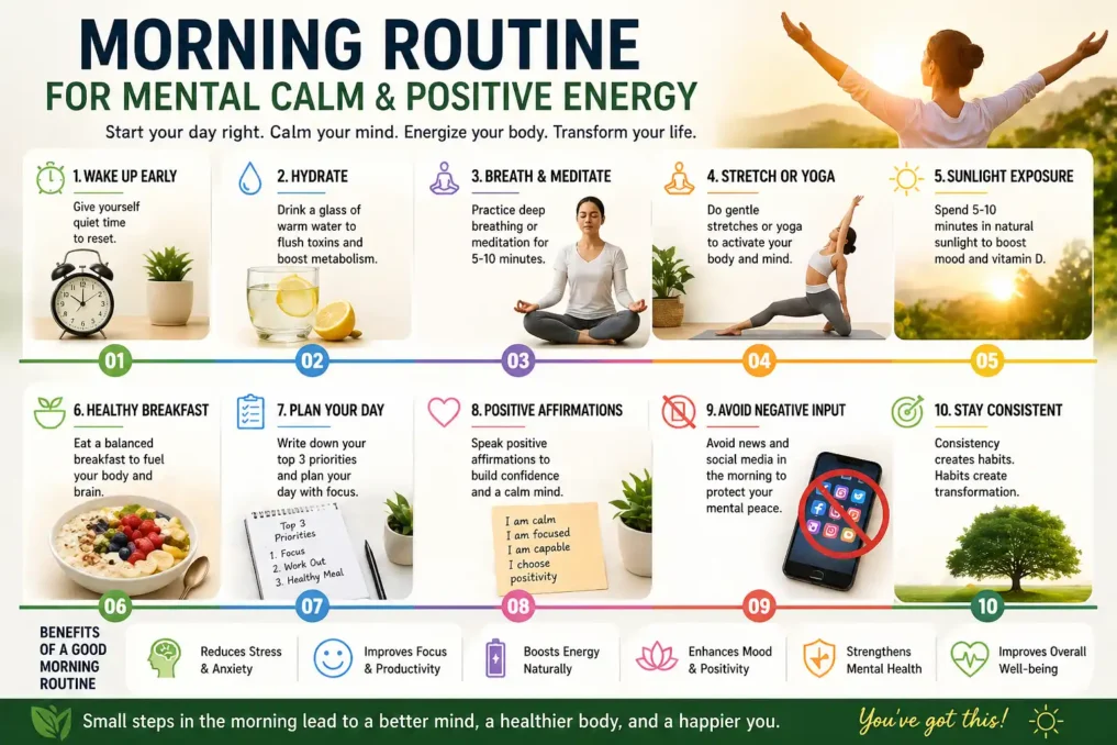 morning routine steps for mental calm and positive energy including hydration meditation yoga breakfast and healthy habits infographic