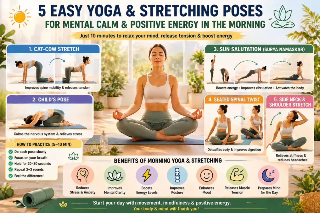 morning yoga and stretching poses for mental calm and positive energy including cat cow child pose downward dog and lunges