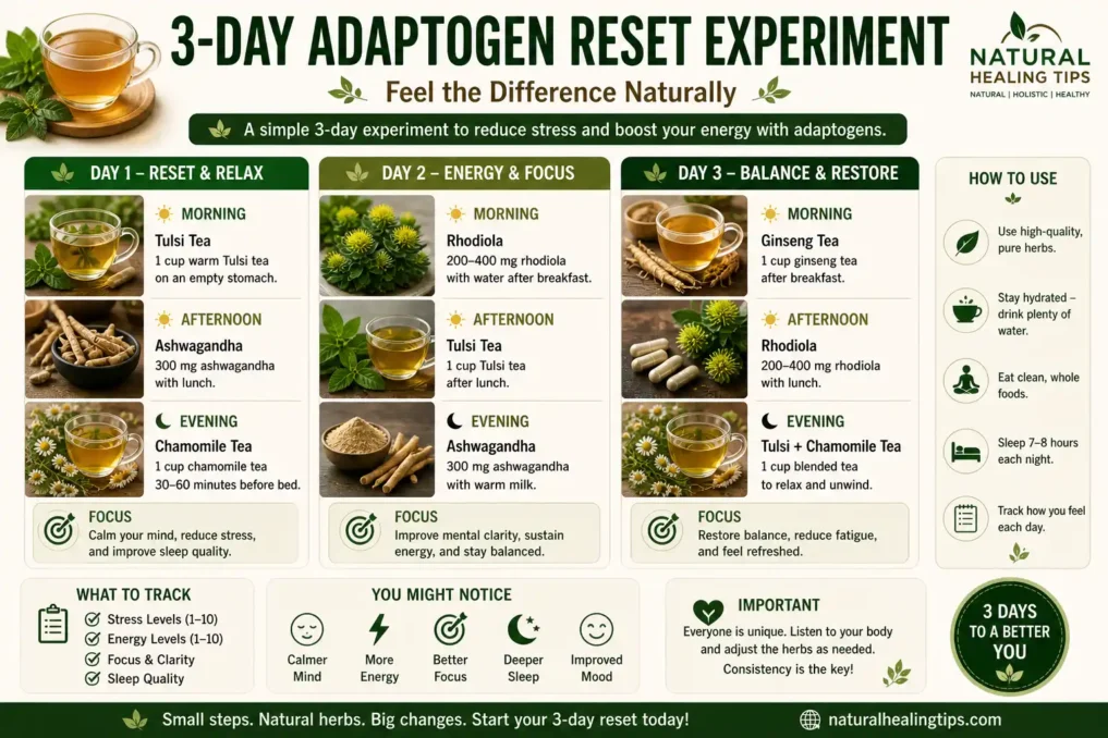 3 day adaptogen routine plan showing daily use of ashwagandha tulsi and rhodiola for stress relief and energy
