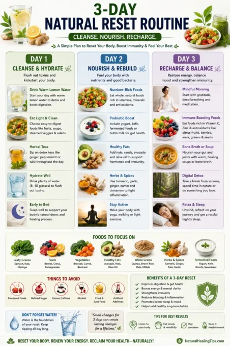 Natural Immunity Boosting Tips for All Seasons with a 3-day reset routine including hydration healthy foods sleep gut health and stress management