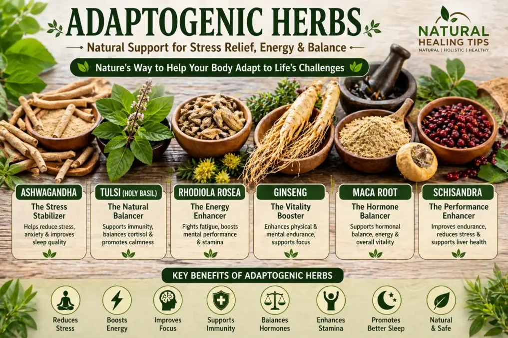 collection of adaptogenic herbs including ashwagandha tulsi rhodiola ginseng and maca for stress relief and natural energy