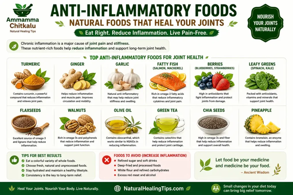 Anti inflammatory foods including turmeric ginger berries nuts flaxseeds and leafy greens that help reduce joint pain and inflammation naturally