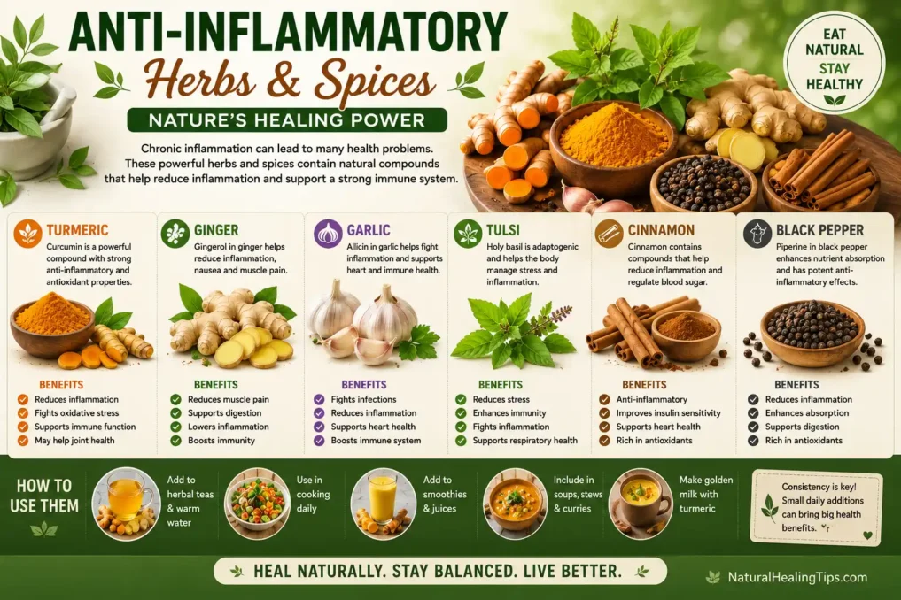 Natural Immunity Boosting Tips for All Seasons with turmeric ginger garlic tulsi cinnamon and anti-inflammatory herbs