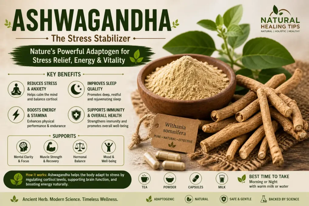 ashwagandha herb powder and roots used for stress relief improving sleep quality and boosting natural energy