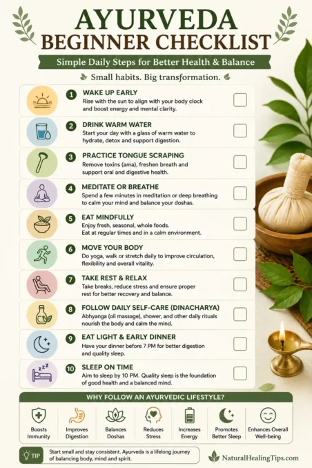 Ayurveda beginner checklist infographic showing simple daily wellness habits like warm water meditation mindful eating and healthy sleep routine