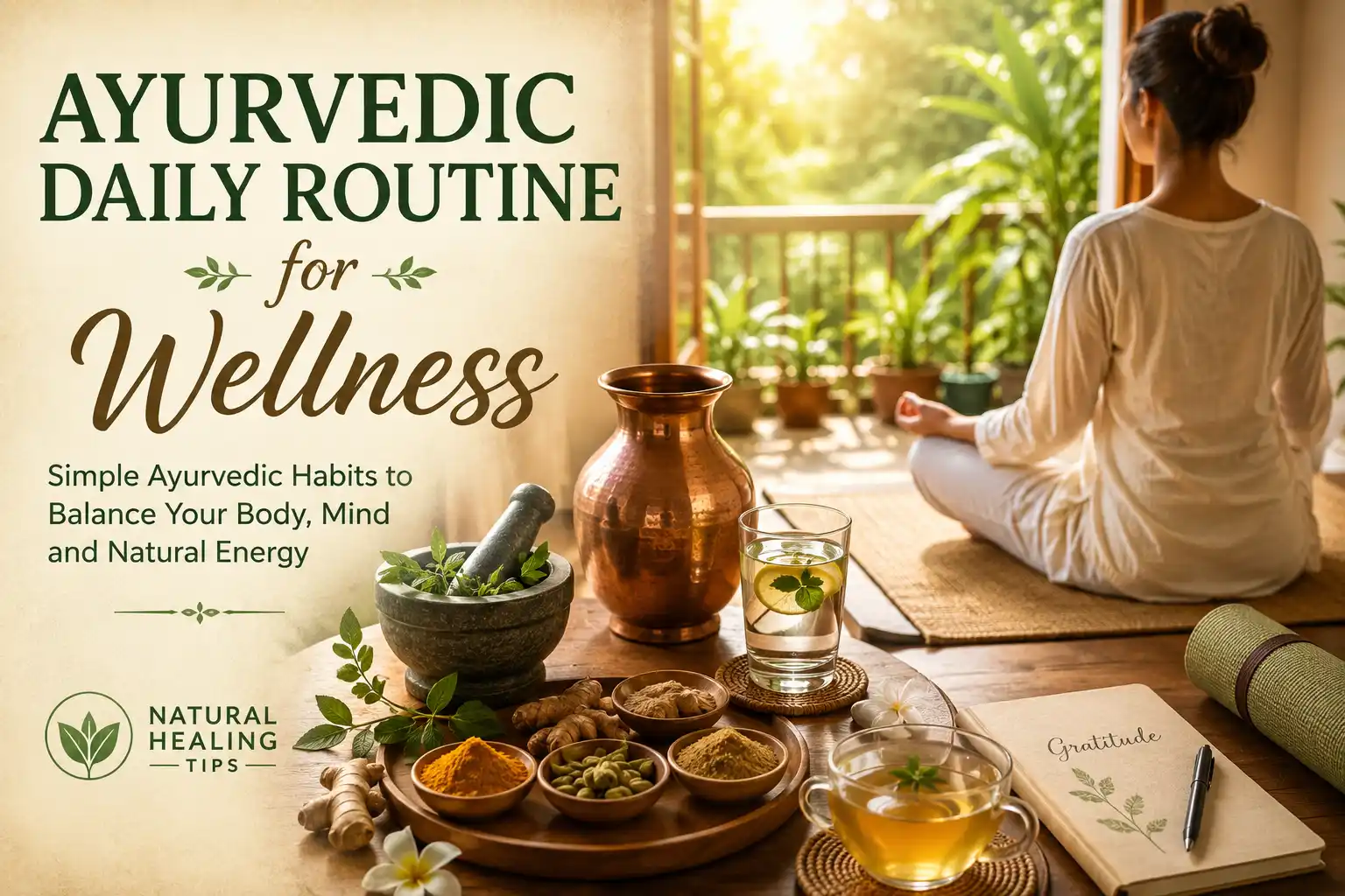 Person following an Ayurvedic daily routine for wellness with herbal tea, yoga mat, copper water vessel, and calming morning sunlight