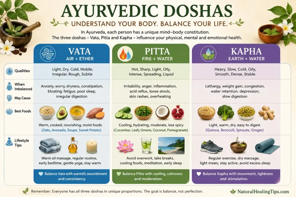 Ayurvedic dosha comparison infographic showing Vata Pitta and Kapha body types with traits foods and wellness habits