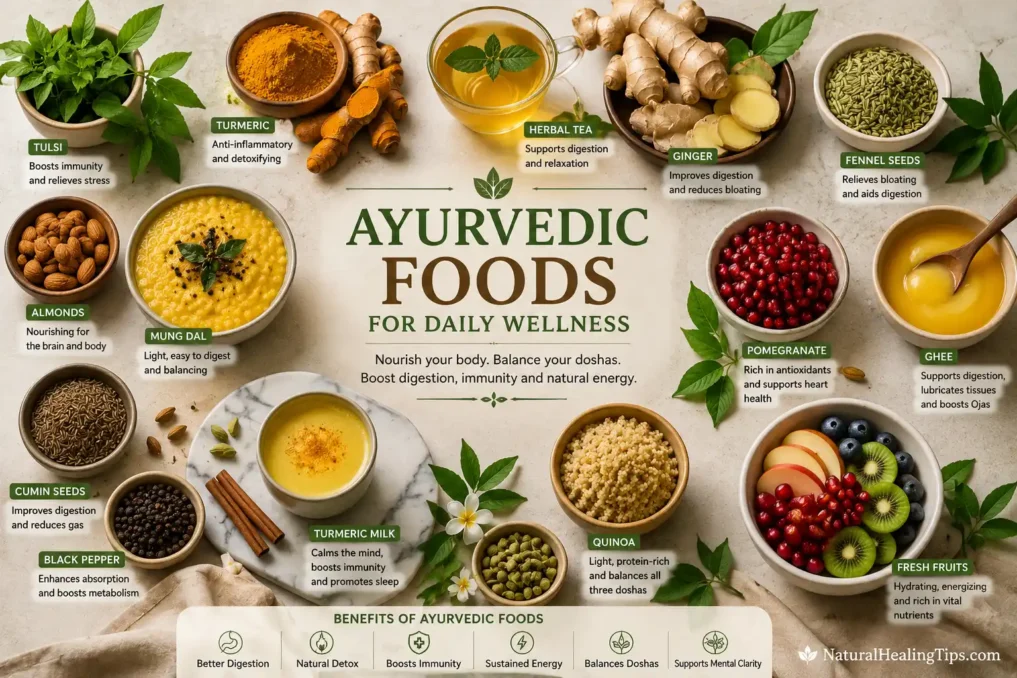 Flatlay of Ayurvedic foods and herbs including turmeric ginger tulsi herbal tea fruits seeds and probiotic ingredients for daily wellness