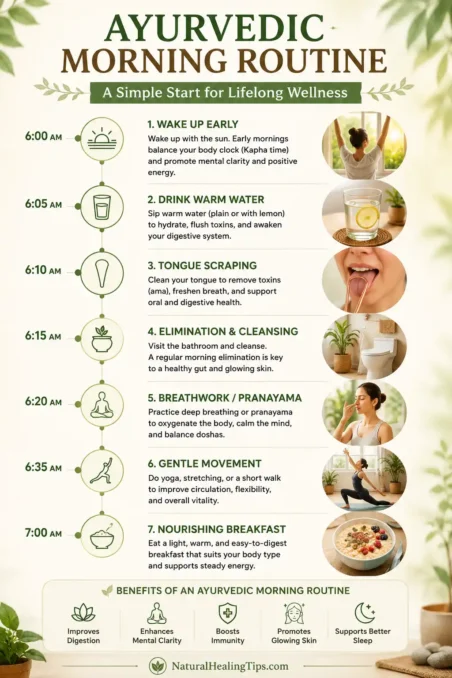 Step-by-step Ayurvedic morning routine timeline showing wake-up habits hydration tongue scraping breathwork yoga and healthy breakfast