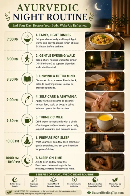 Ayurvedic night routine infographic showing calming evening habits herbal tea self care meditation light dinner and healthy sleep practices