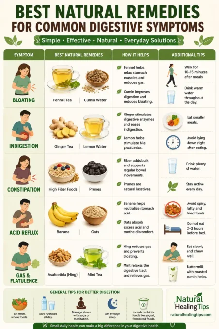 Natural Remedies for Digestive Problems 9 Infographic showing natural remedies for bloating indigestion constipation acid reflux and gas problems