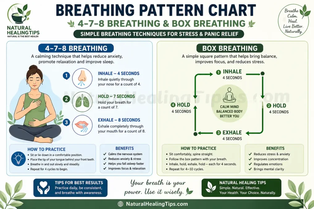 Breathing pattern chart showing 4-7-8 breathing and box breathing techniques for stress and panic relief with inhale hold exhale timing guide