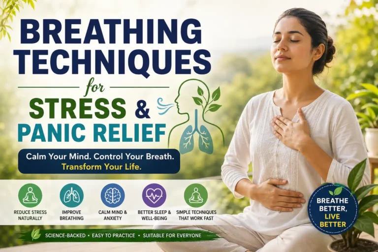 Breathing techniques for stress & panic relief showing a woman practicing deep breathing to reduce anxiety naturally
