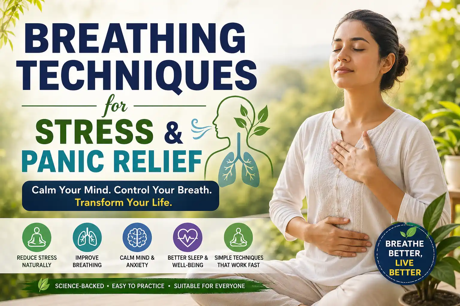 Breathing techniques for stress & panic relief showing a woman practicing deep breathing to reduce anxiety naturally