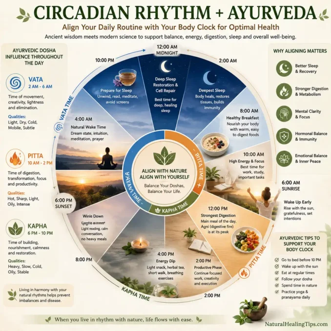 Circadian rhythm infographic showing Ayurvedic body clock meal timing sleep cycle digestion energy and daily wellness habits