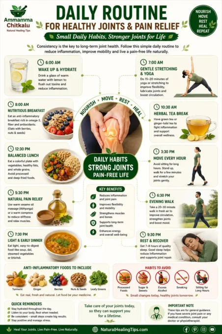 Daily routine infographic showing morning hydration stretching anti inflammatory meals exercise oil massage and sleep for reducing joint pain naturally