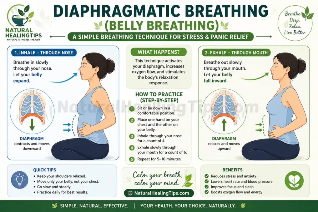 Diaphragmatic breathing technique for stress and panic relief showing inhale and exhale steps with diaphragm movement and belly expansion