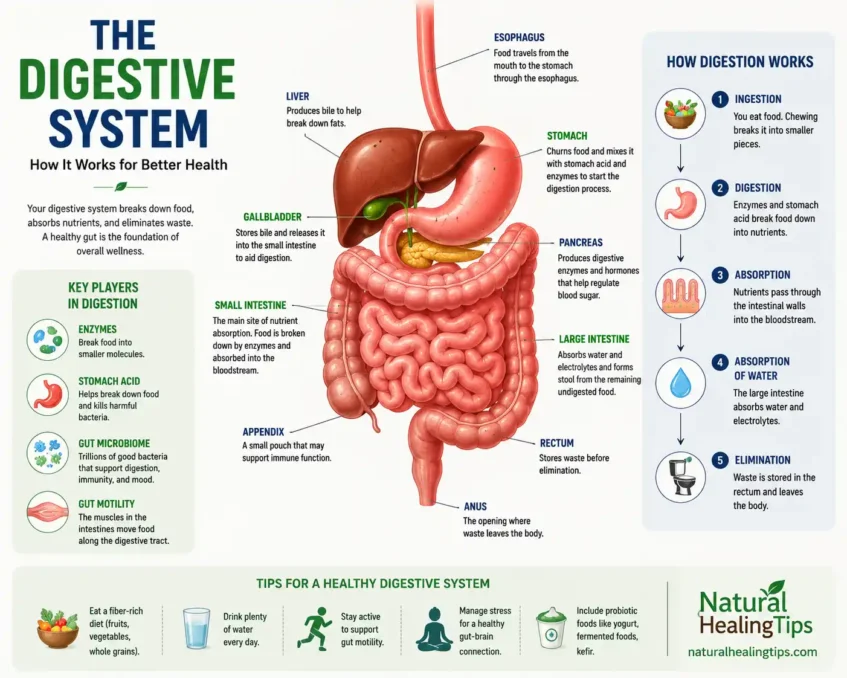 Natural Remedies for Digestive Problems 1 Educational illustration showing the human digestive system and how digestion works naturally