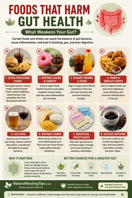 Gut Health Foods for Better Digestion infographic showing processed foods, sugary drinks, fried foods, excess sugar, and unhealthy snacks that may weaken gut health