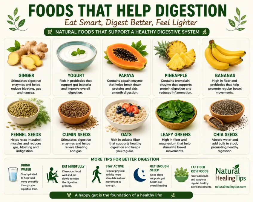Natural Remedies for Digestive Problems 3 Healthy foods that support digestion including yogurt papaya bananas oats vegetables and fermented foods