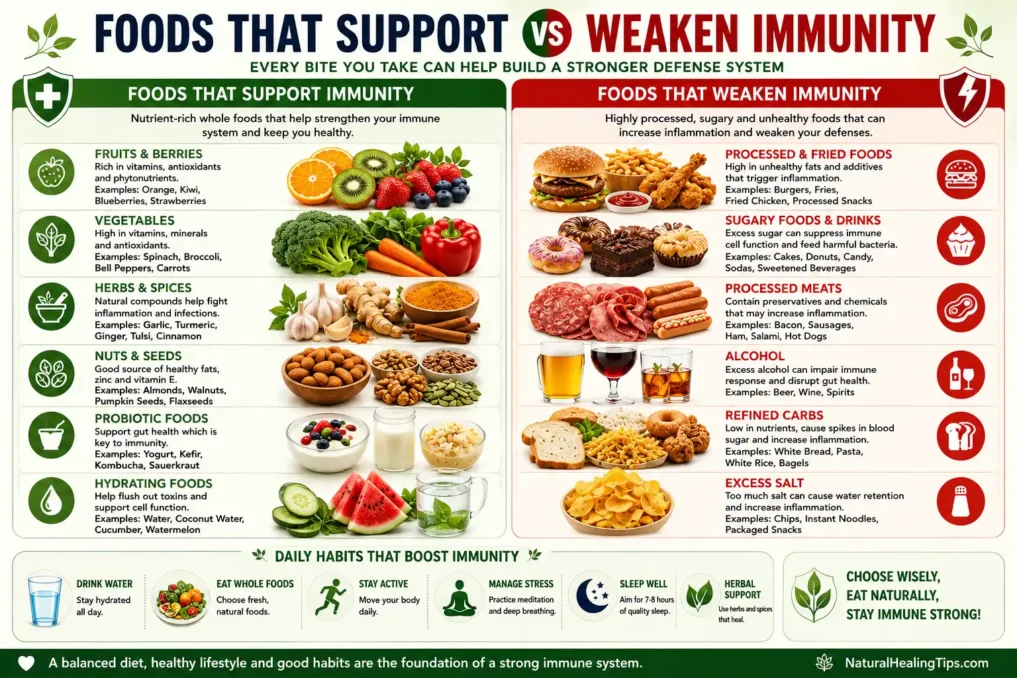 Natural Immunity Boosting Tips for All Seasons comparing healthy immune-supporting foods with processed foods that weaken immunity