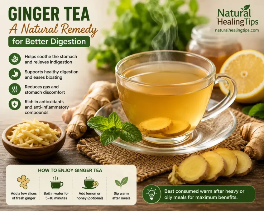 Natural Remedies for Digestive Problems 4 Warm ginger tea with fresh ginger slices used as a natural remedy for digestion and bloating relief