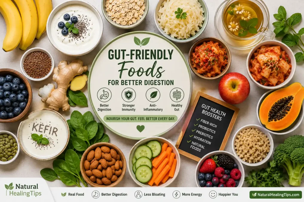 Gut Health Foods for Better Digestion including probiotic yogurt, oats, bananas, ginger, vegetables, seeds, and herbal tea for natural digestive wellness