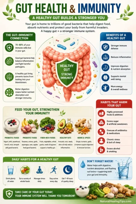 Natural Immunity Boosting Tips for All Seasons showing gut health foods probiotics microbiome and immune system support