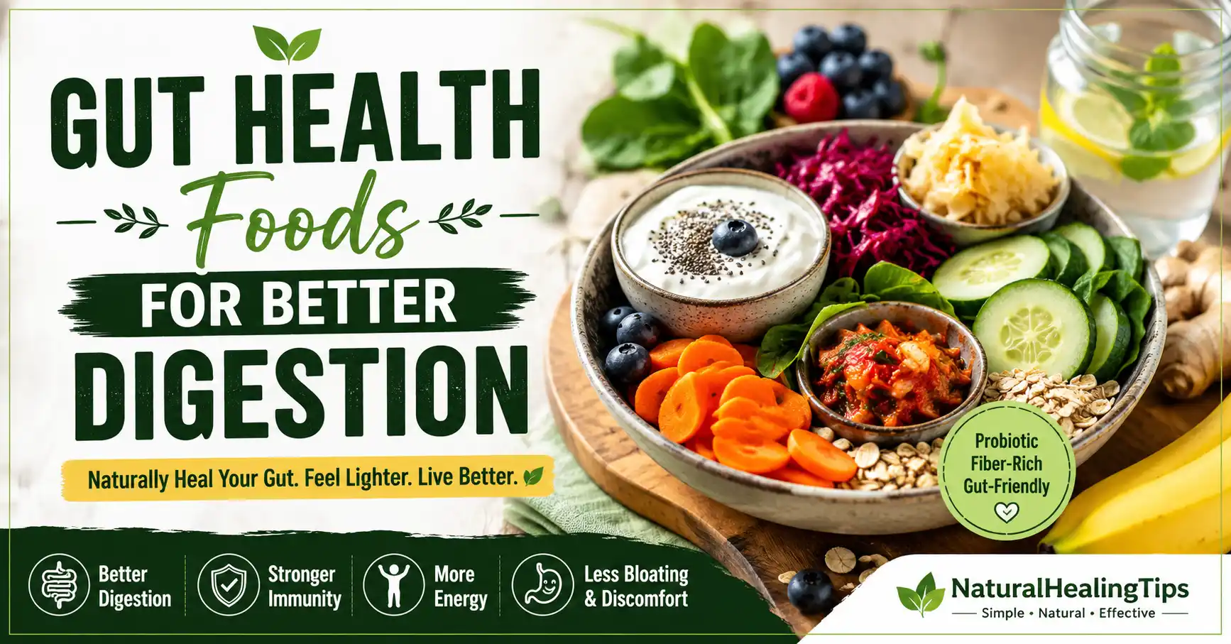 Gut Health Foods for Better Digestion including yogurt, oats, ginger, fermented foods, fruits, vegetables, and herbal tea for natural digestive wellness and microbiome support