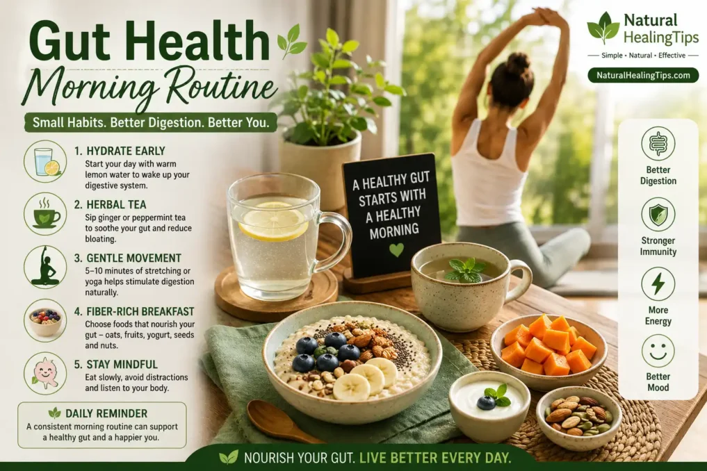 Gut Health Foods for Better Digestion with a healthy morning routine including warm lemon water, herbal tea, stretching, fruits, and a fiber-rich breakfast