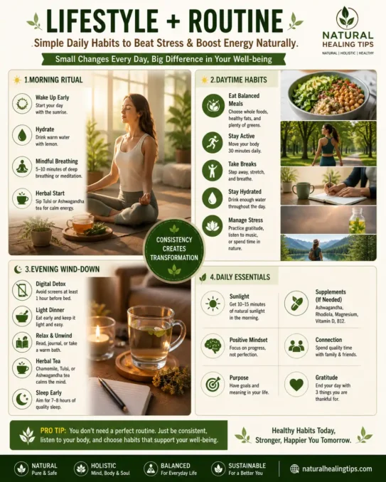 daily healthy lifestyle routine including meditation herbal tea exercise and balanced diet for stress relief and energy