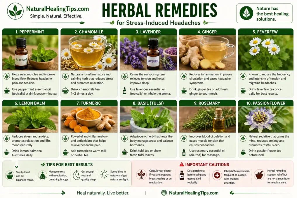 Natural Remedies for Stress-Induced Headaches 5 infographic showing herbal remedies like peppermint, chamomile, lavender, ginger, and tulsi for stress-induced headache relief
