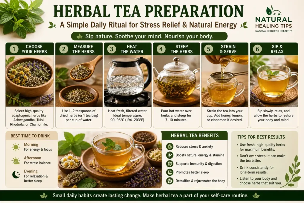 herbal tea preparation with adaptogenic herbs like tulsi and ashwagandha for stress relief and natural energy