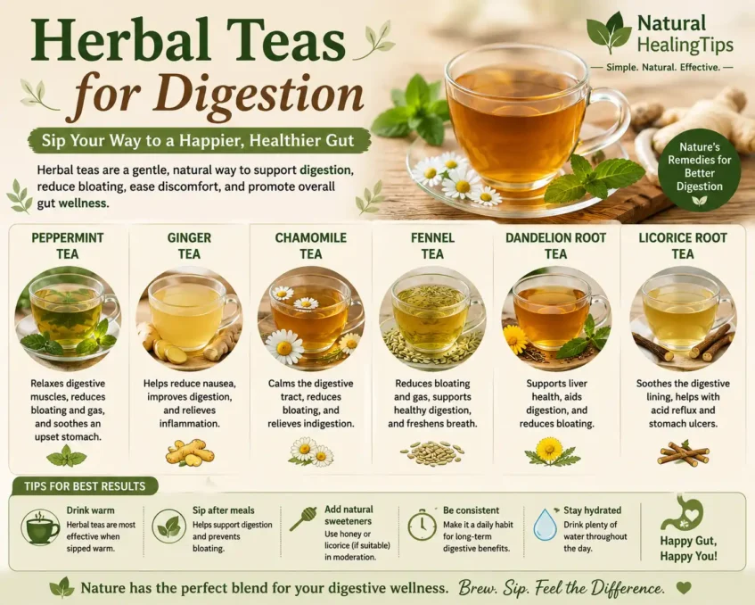 Gut Health Foods for Better Digestion including ginger tea, peppermint tea, fennel tea, chamomile tea, and herbal drinks that support digestive wellness naturally