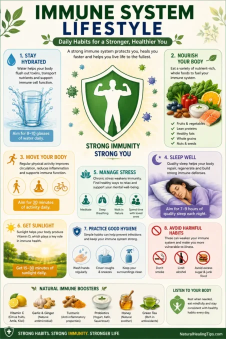 Natural Immunity Boosting Tips for All Seasons infographic showing sleep hydration gut health exercise stress management and healthy foods